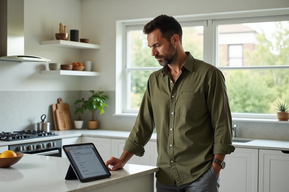 Homme d'âge moyen paramétrant sa messagerie Free sur une tablette dans une cuisine moderne