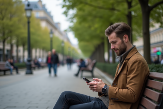 Homme assis sur un banc à Paris utilisant son smartphone