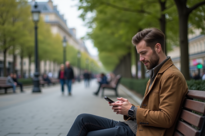Homme assis sur un banc à Paris utilisant son smartphone