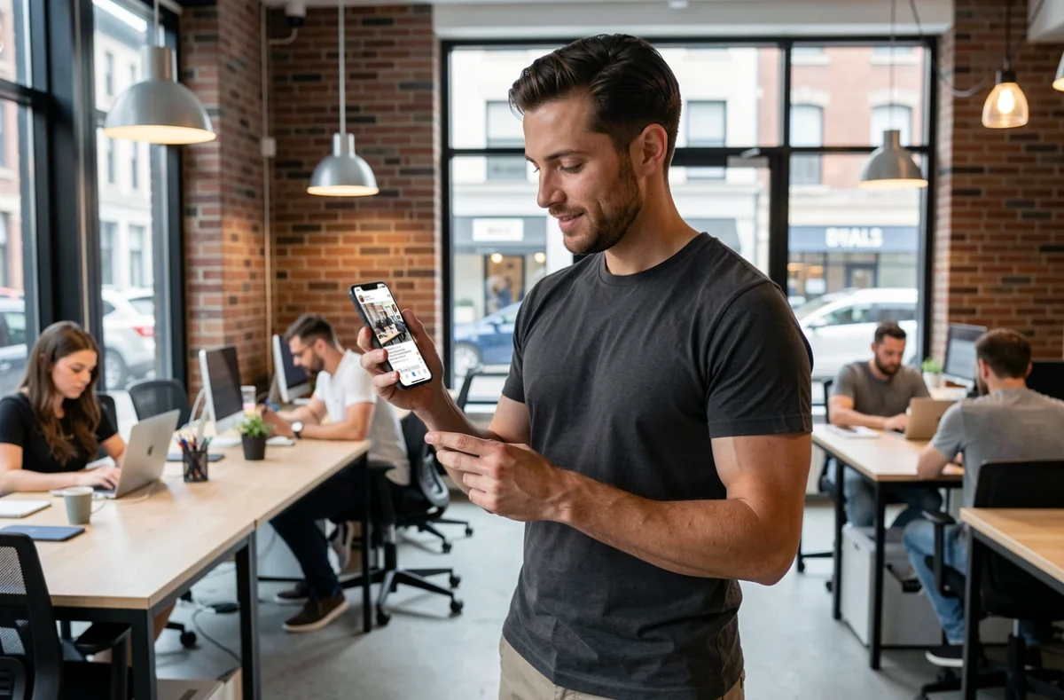Homme consultant l'affichage d'une image partagée sur un réseau social depuis son smartphone