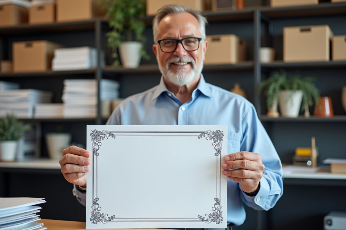 Homme montrant un imprimé avec bordure décorative dans un atelier