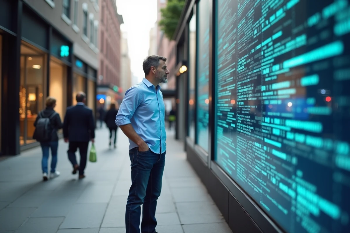 Homme en ville regardant un écran de code et données