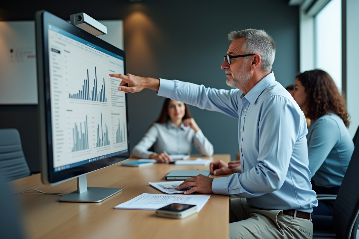 Homme en réunion analysant des graphiques Google Analytics