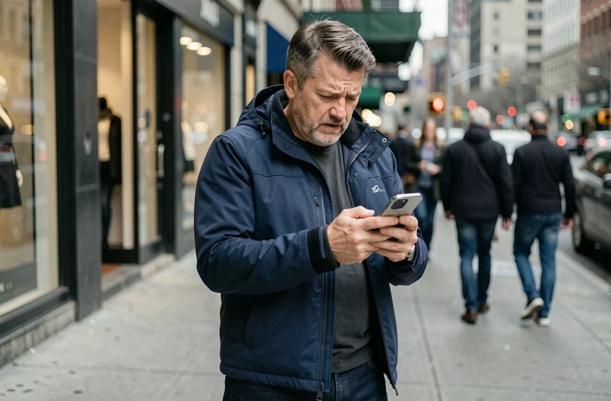 Homme stressé dans la rue utilisant l'application Localiser sur iPhone après perte de son téléphone