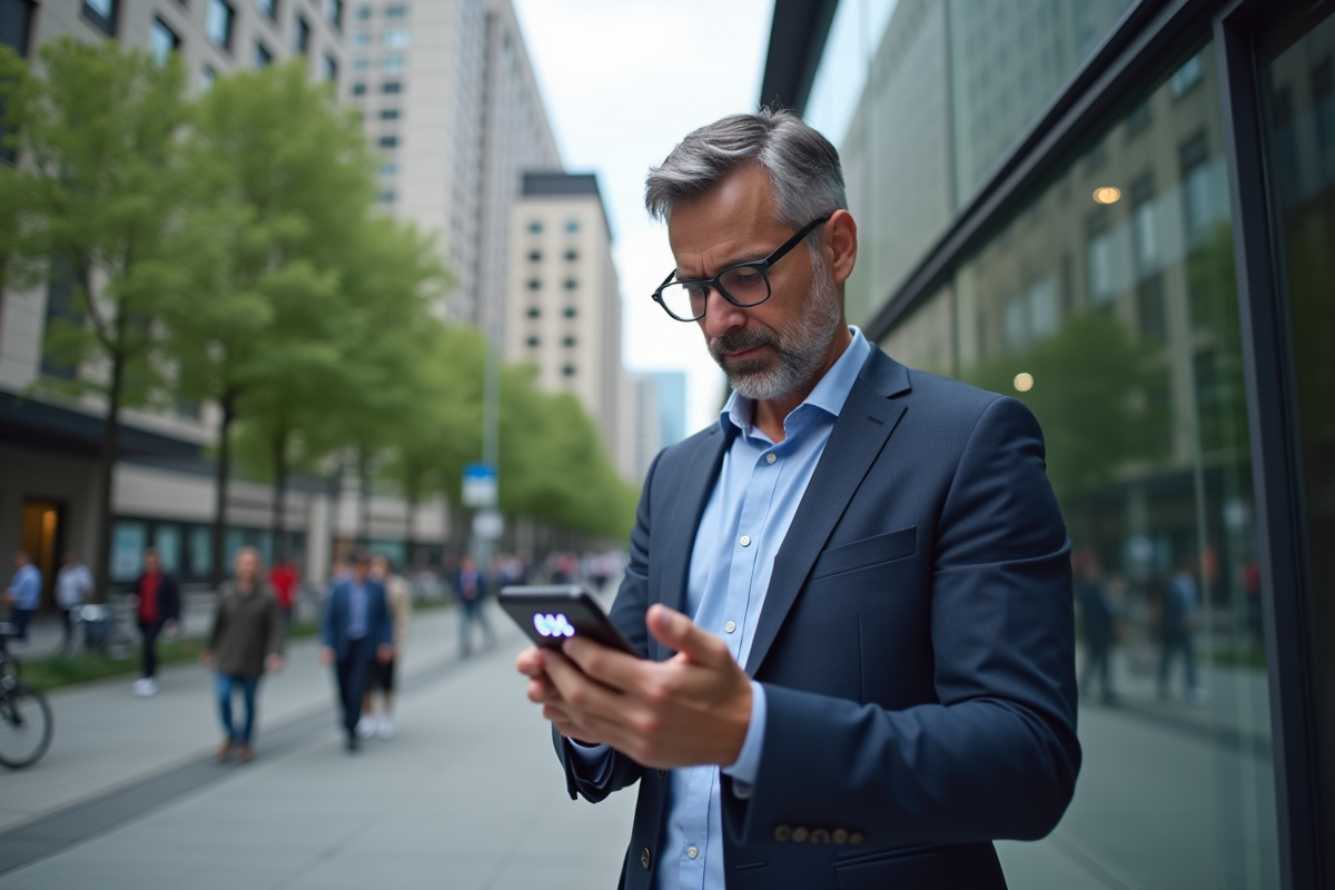 Homme d age moyen regardant son smartphone avec erreur 404 en ville