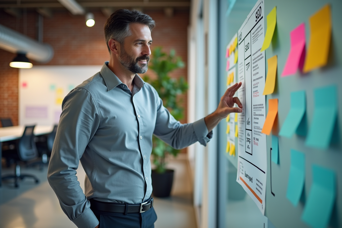 Homme expliquant une strategie SEO devant un mur de notes