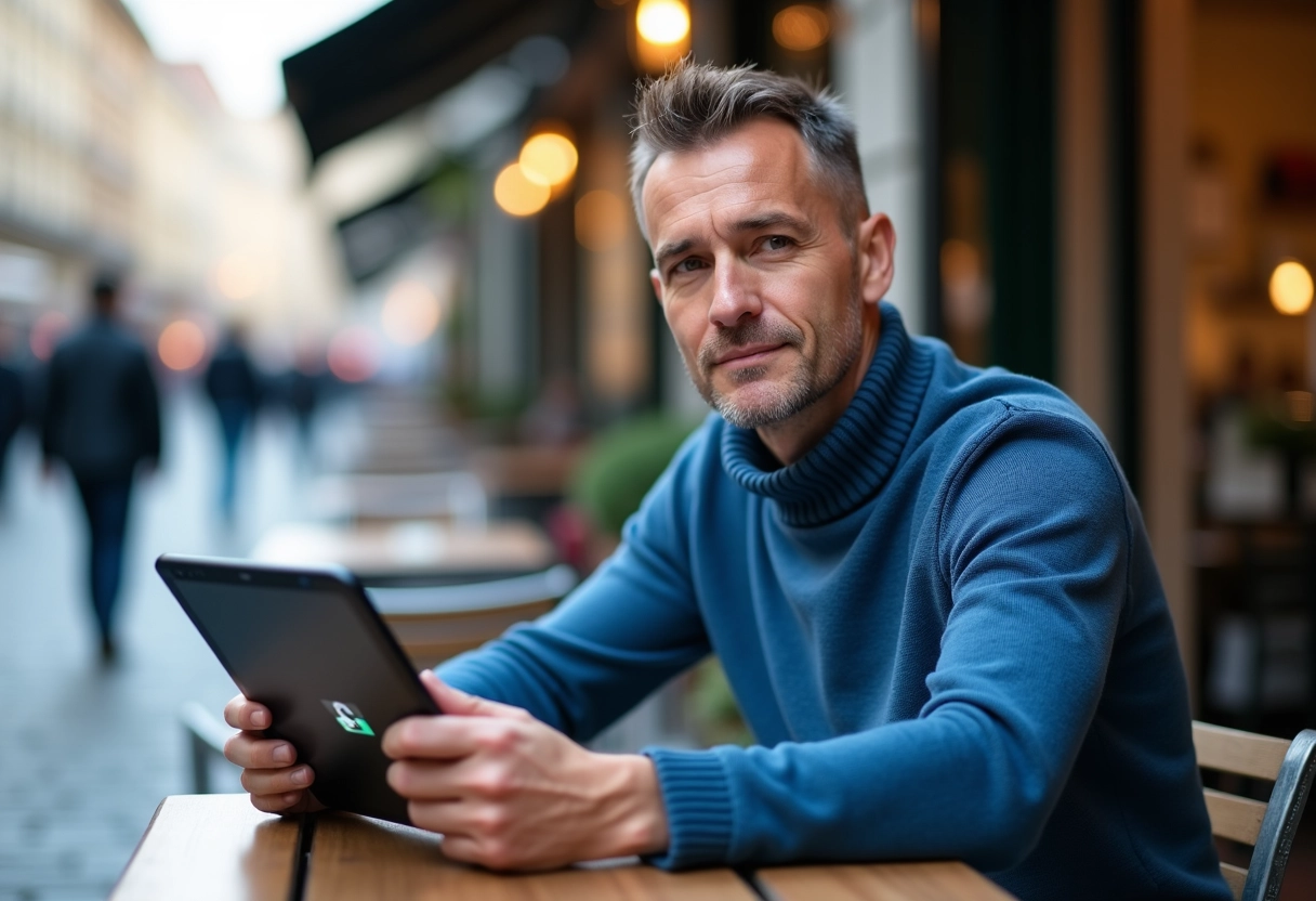 Homme regardant une tablette avec icônes HTTP et HTTPS en extérieur