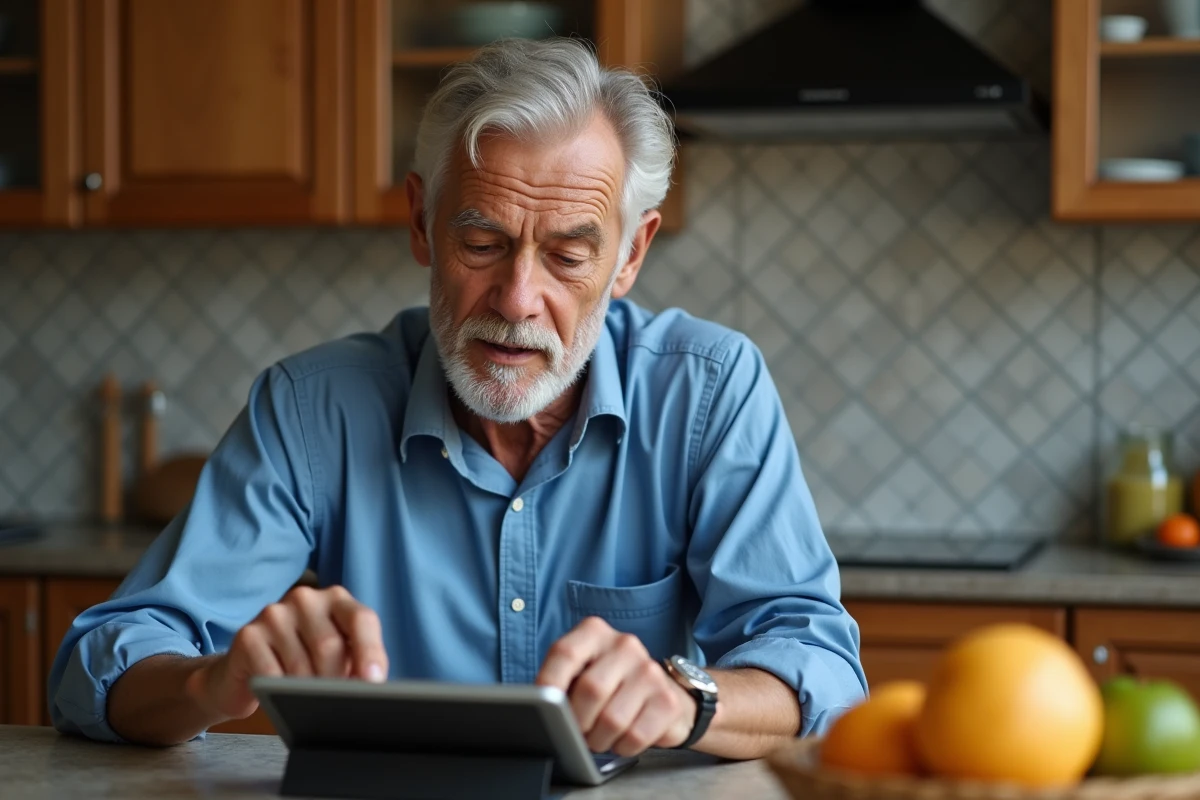 Homme âgé consulte des fichiers sur une tablette Android