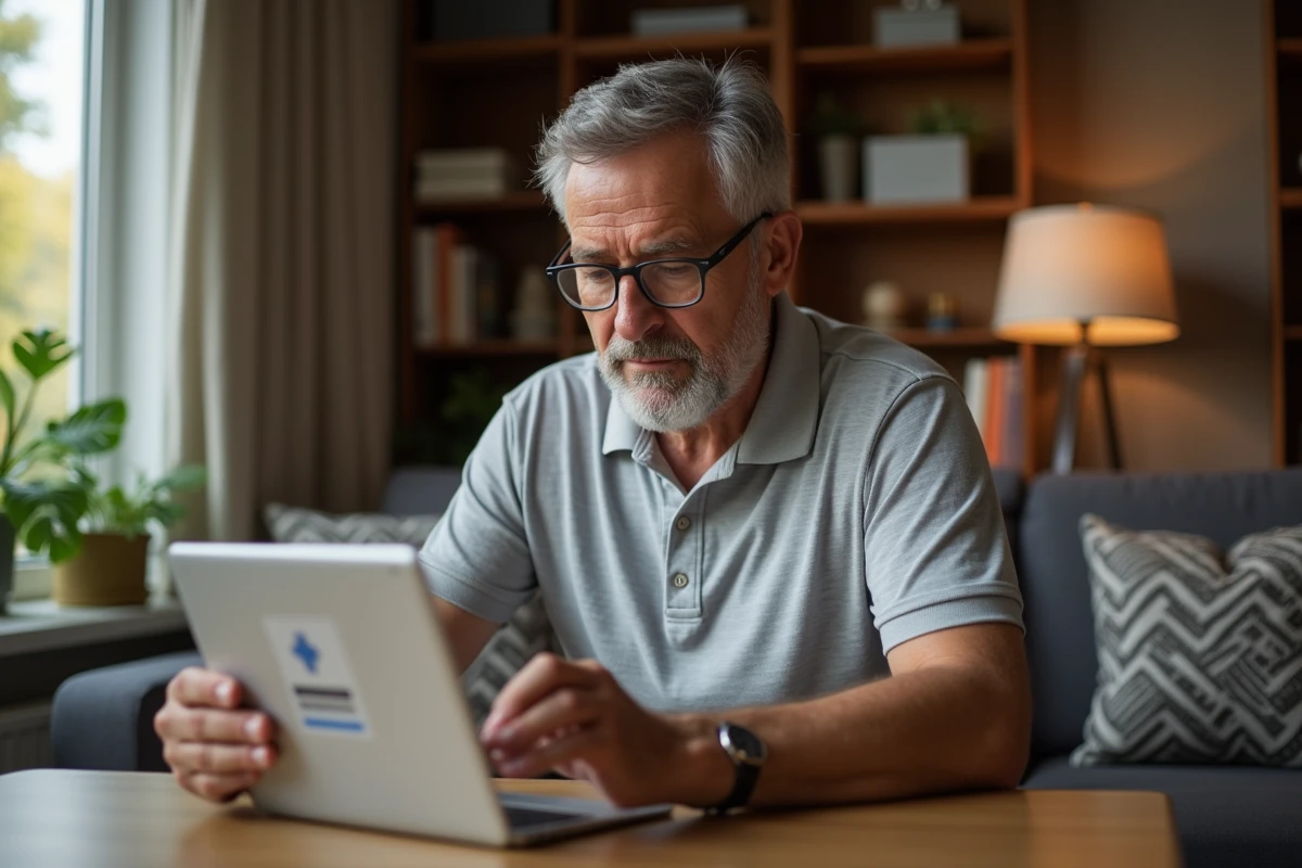 Homme concentré utilisant une tablette dans un salon chaleureux