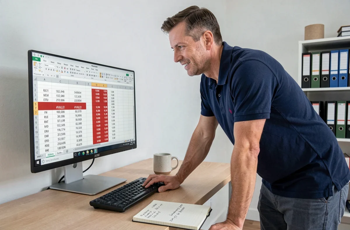 Homme en télétravail analysant des erreurs de calcul d'heures dans un tableau Excel sur grand écran