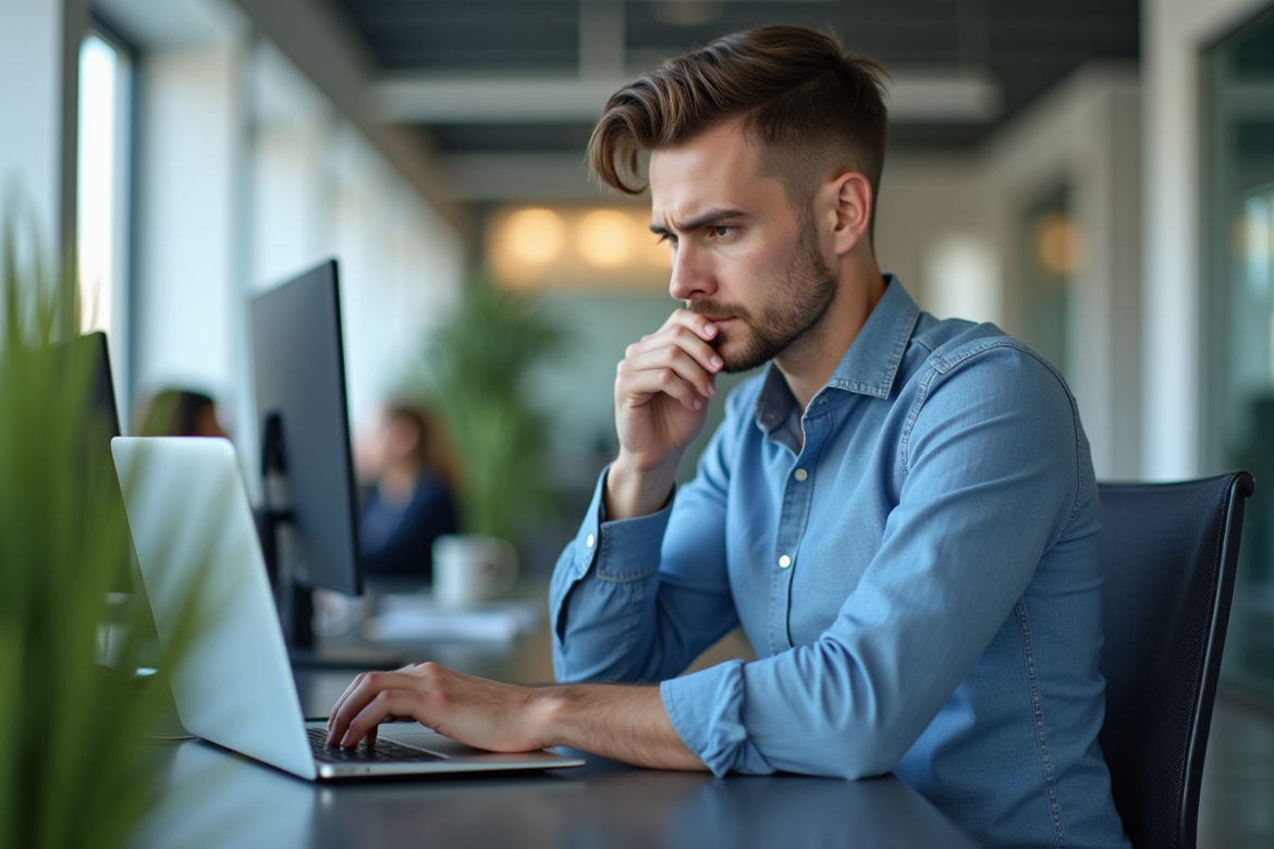 Homme en tenue décontractée travaillant sur un ordinateur dans un bureau moderne