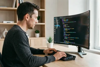 Homme travaillant sur un écran OLED 1440p courbé dans un bureau moderne minimaliste