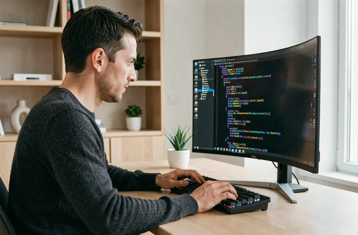 Homme travaillant sur un écran OLED 1440p courbé dans un bureau moderne minimaliste