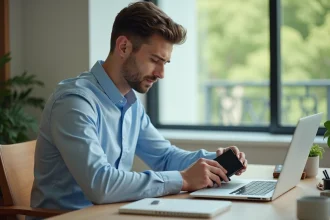 Jeune homme connecté à un disque dur sur un bureau moderne