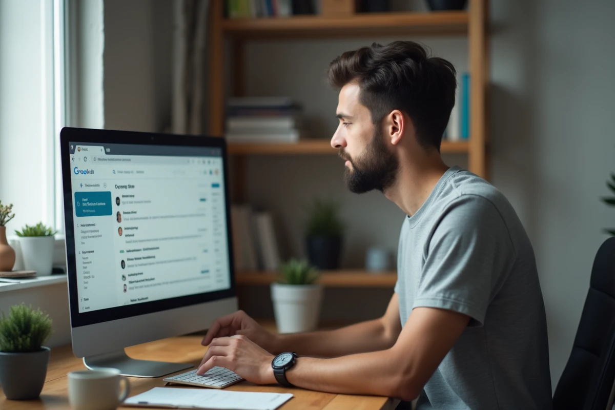 Homme consultant son interface webmail Roundcube sur un écran de bureau dans un bureau à domicile bien rangé