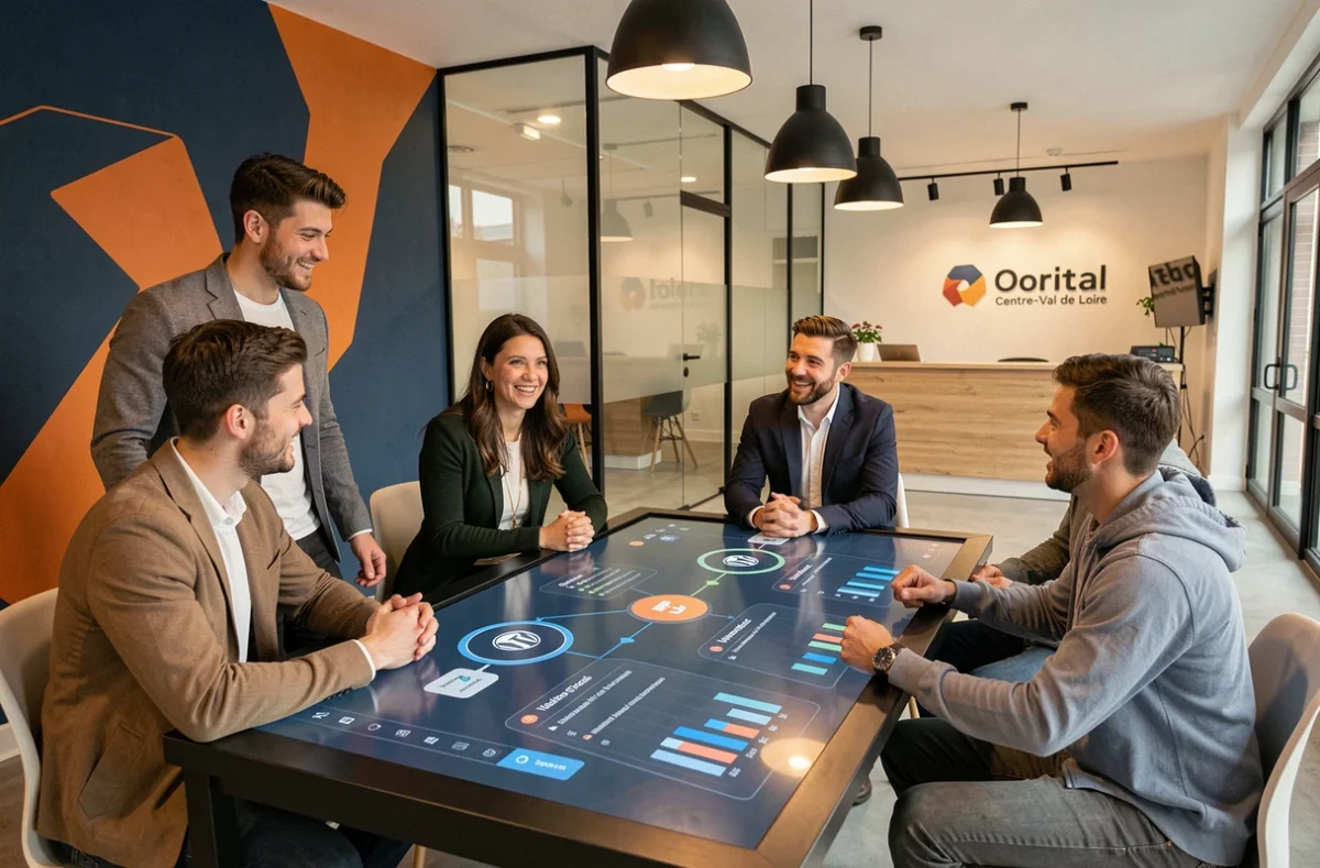 Équipe IDIX, agence digitale en Centre-Val de Loire, collaborant autour d'une table tactile avec des données stratégiques