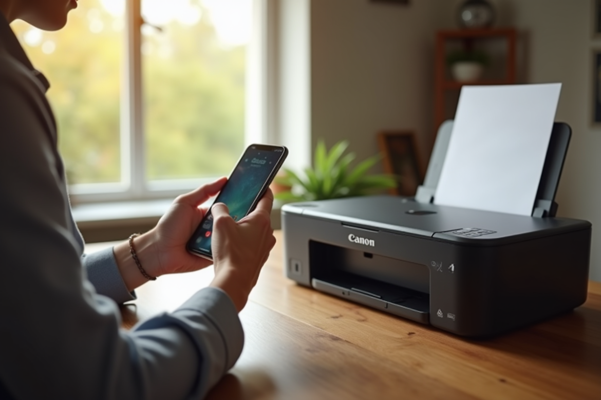Personne utilisant smartphone pour imprimer sans fil avec une imprimante Canon