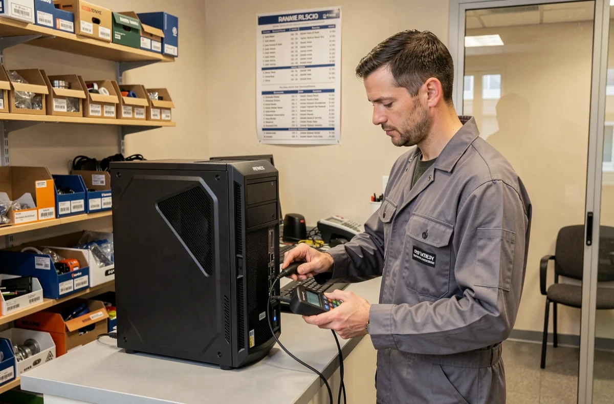 Technicien d'Informatique Joakim effectuant un diagnostic sur un PC de bureau dans une boutique de dépannage à Rennes