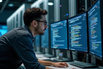 Ingénieur réseau analysant des logs de configuration DNS et de ports TCP sur des écrans dans un datacenter moderne