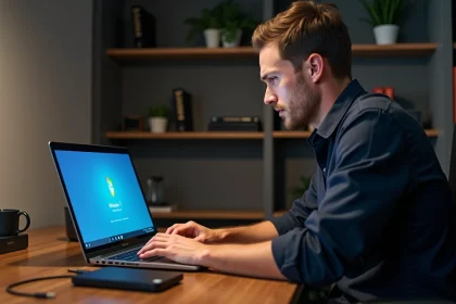 Technicien informatique installant Windows 7 Professional SP1 sur un ordinateur portable dans un bureau à domicile