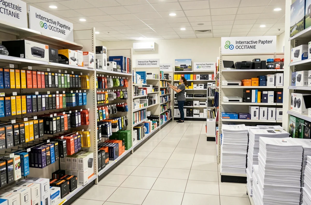 Rayon informatique et papeterie d'Interactive Papeterie Occitanie avec une employée réapprovisionnant les étagères