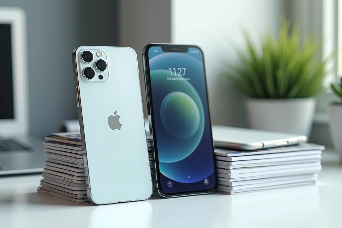 iPhone 16e et smartphone Android posés contre des magazines tech sur un bureau blanc, écrans affichant des statistiques de performance
