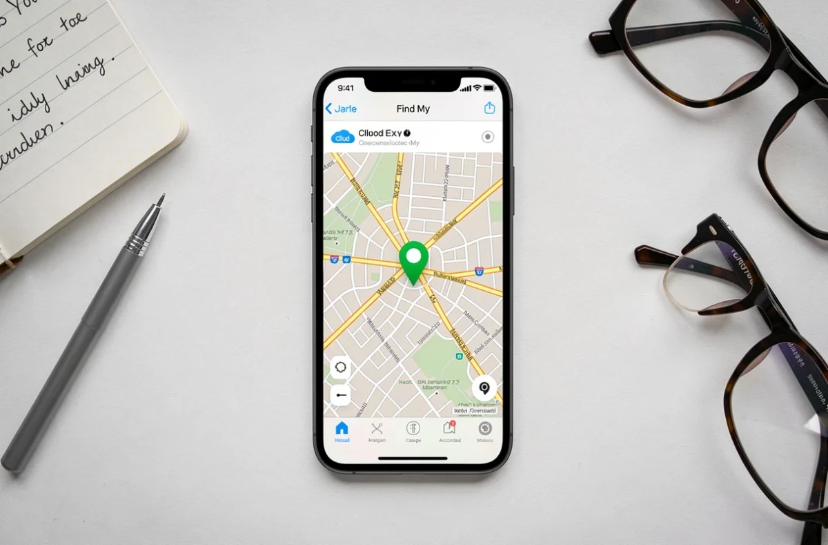 Vue de dessus d'un iPhone affichant iCloud Localiser sur un bureau avec notes manuscrites