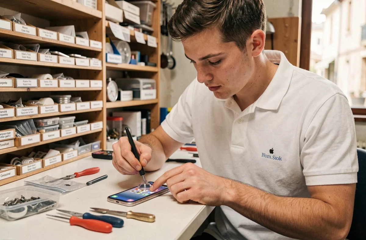 Technicien iRépare à Fontenay-le-Comte ouvrant un iPhone avec des outils de précision