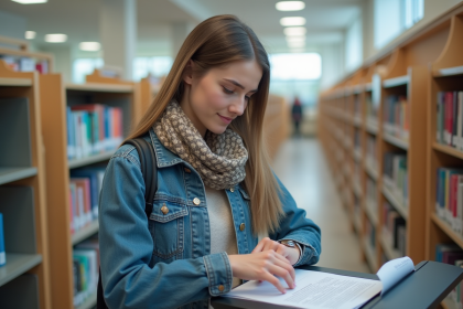 Jeune femme dans une bibliothèque avec documents fraîchement imprimés
