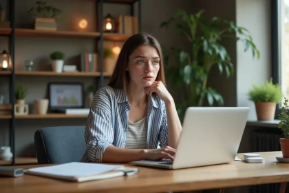 Jeune femme en jean et t-shirt rayé dans un bureau cosy