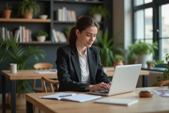 Jeune femme professionnelle travaillant sur son ordinateur dans un espace moderne
