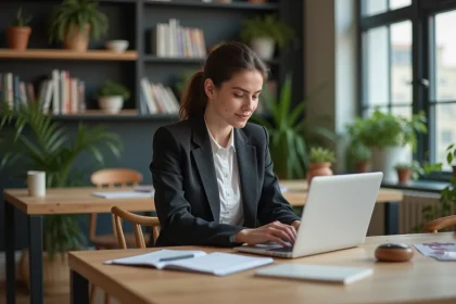 Jeune femme professionnelle travaillant sur son ordinateur dans un espace moderne