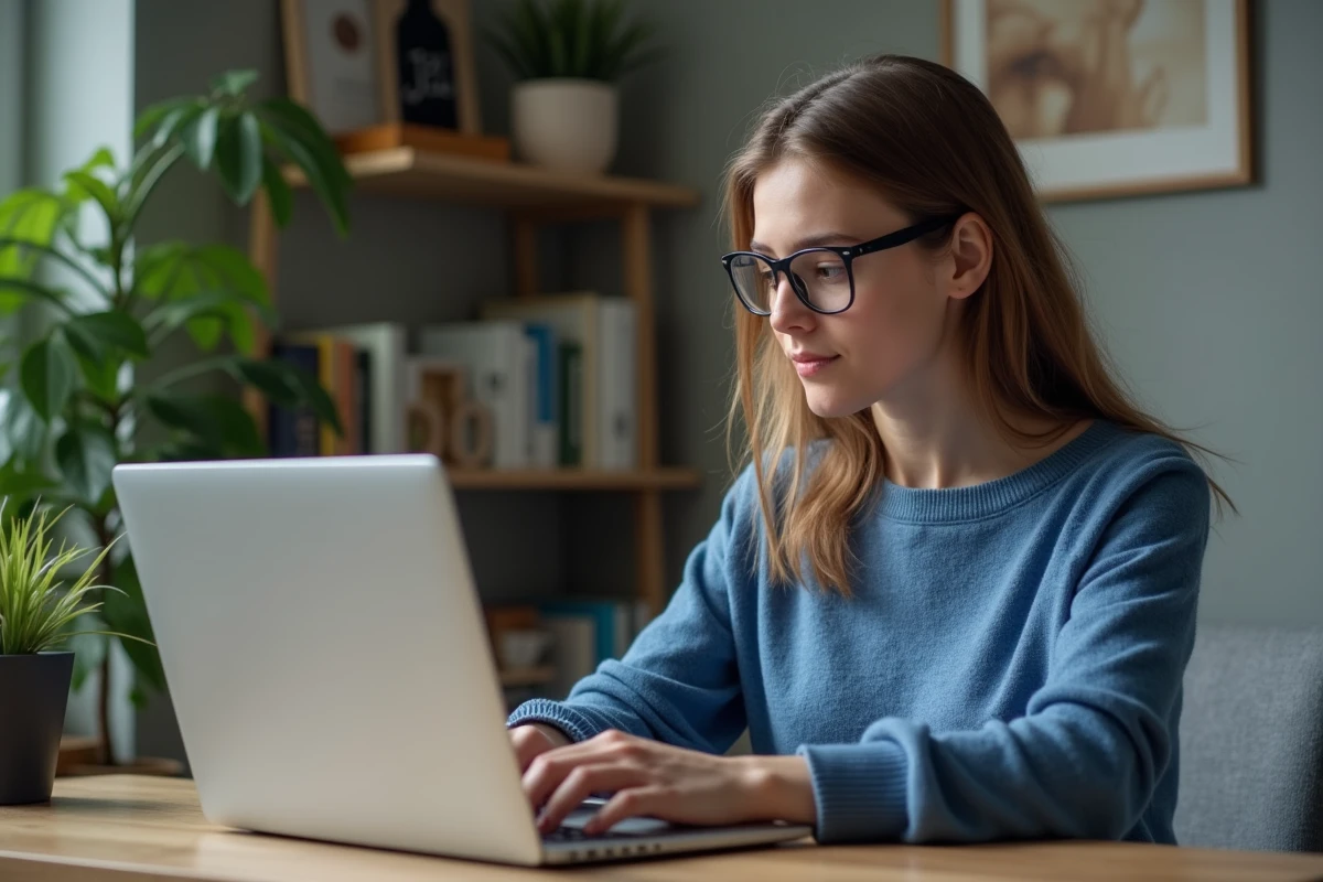 Jeune femme concentrée travaillant sur un ordinateur dans un bureau cosy