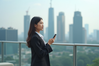 Jeune femme en tenue d'affaires regardant l'horizon avec skyline urbain