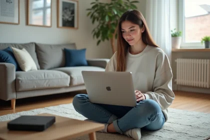 Jeune femme en salon moderne configure un ordinateur portable