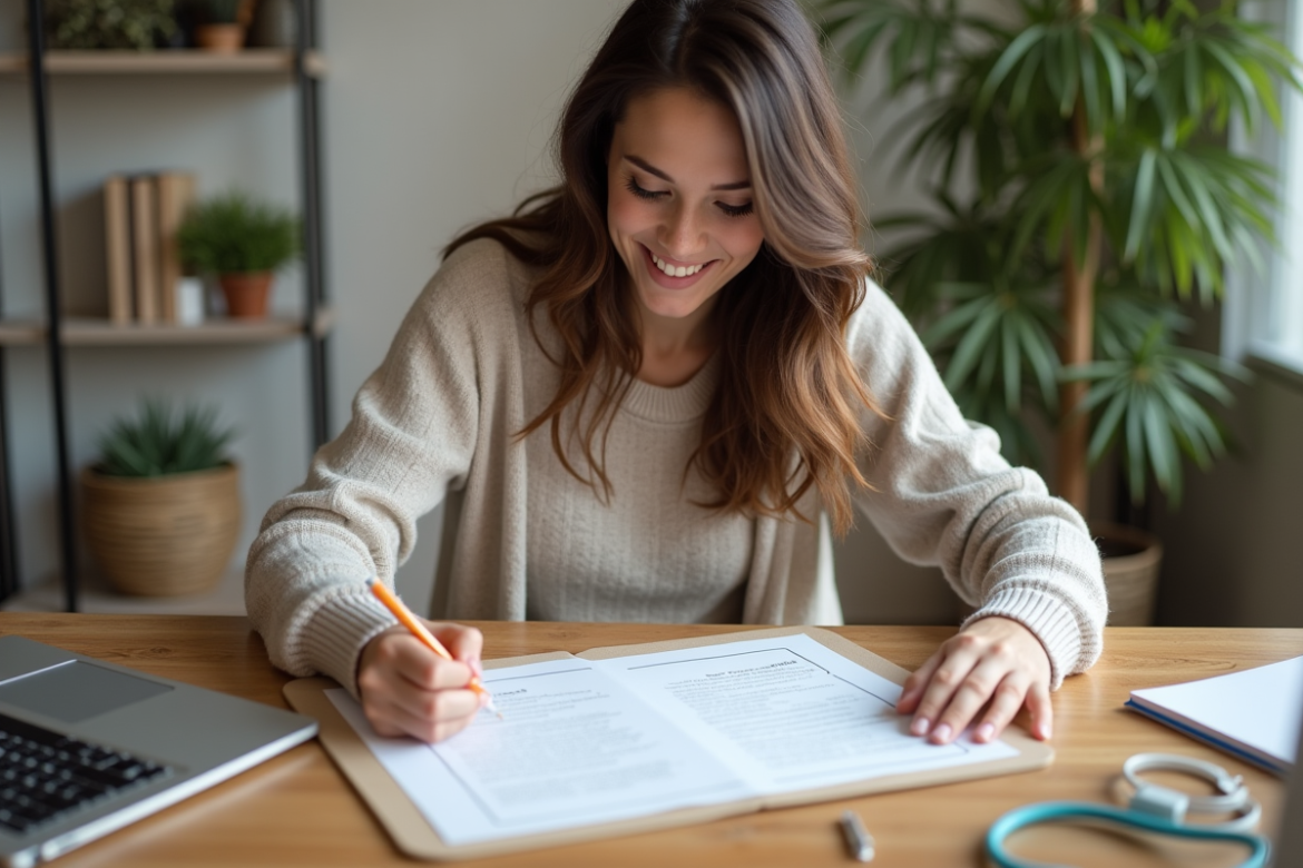 Jeune femme dessinant un bordure sur papier dans un bureau lumineux