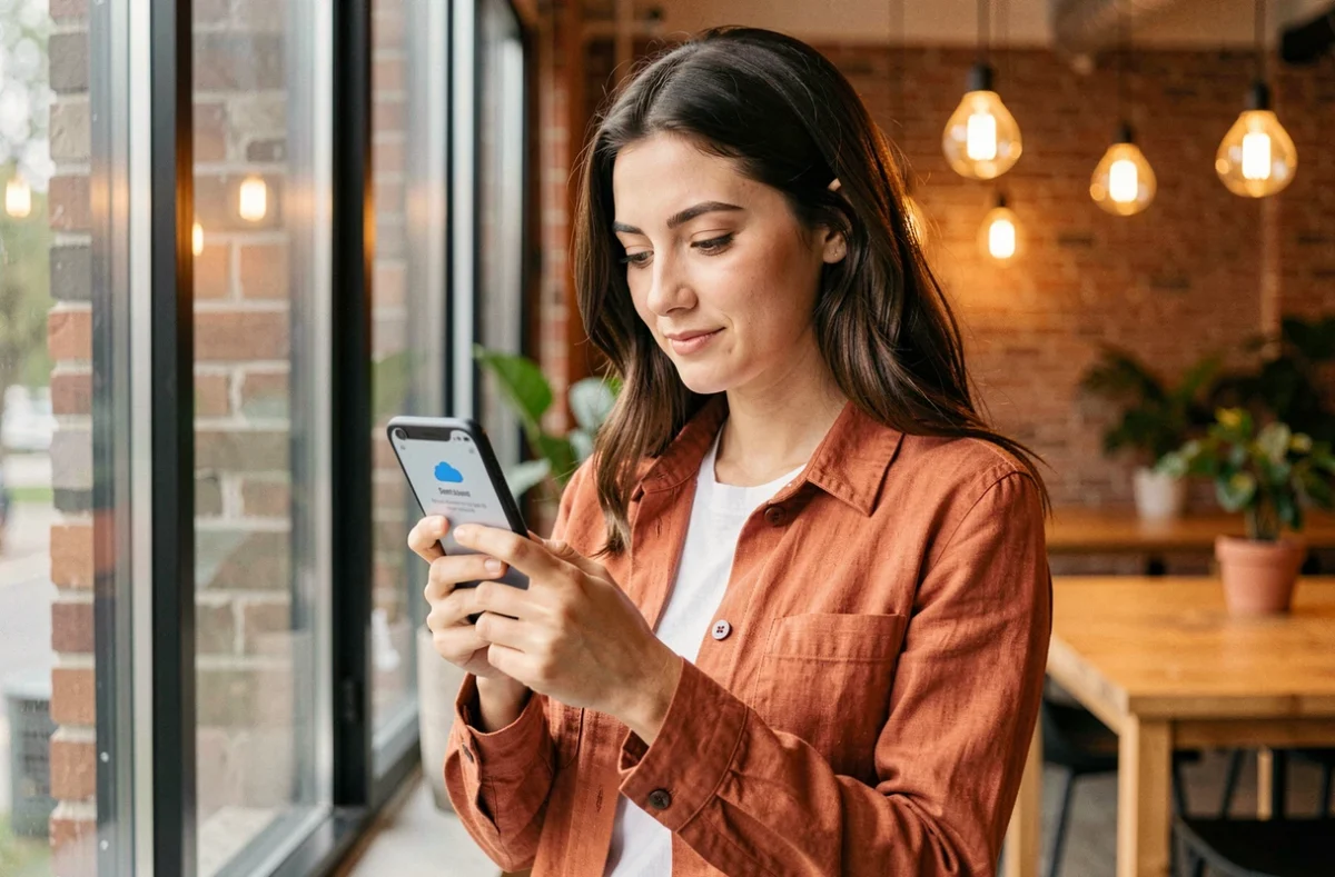 Jeune femme libérant de l'espace sur Samsung Cloud via son smartphone dans un espace de coworking