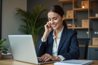 Jeune femme en costume analyse des données marketing au bureau