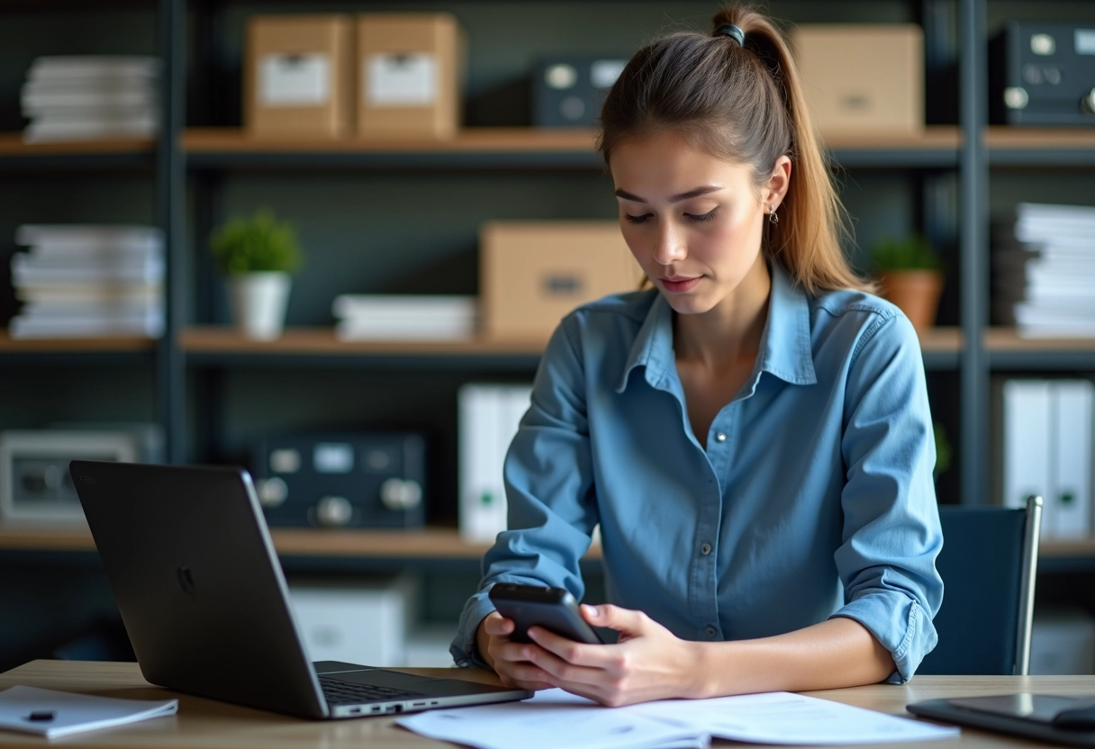 Jeune femme ingénieure programmant un appareil Sony Rexon au bureau
