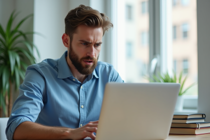 Jeune homme frustré devant un ordinateur avec erreur 404