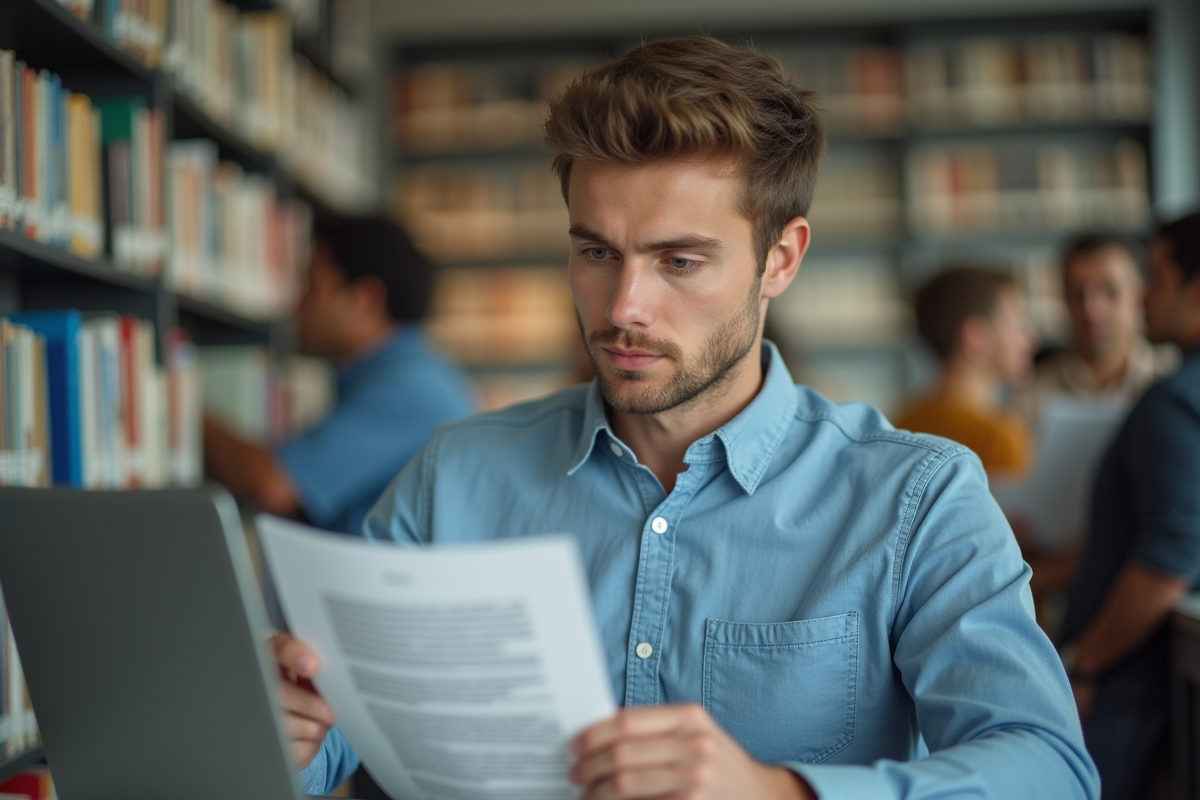 Jeune homme étudiant dans une bibliothèque moderne