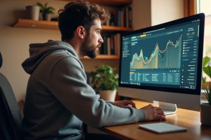 Jeune homme concentré devant un graphique de ratio
