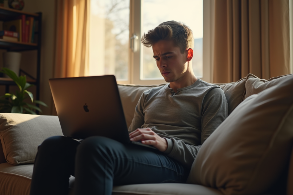 Jeune homme inquiet avec son ordinateur affichant erreur Disney 83