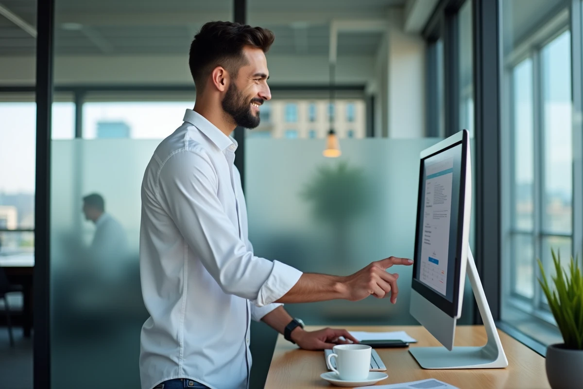 Jeune homme regardant son écran de messagerie dans un bureau moderne