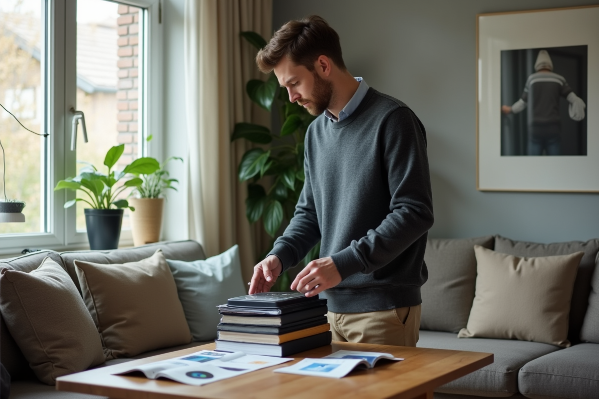 Jeune homme organisant des disques externes dans un salon moderne