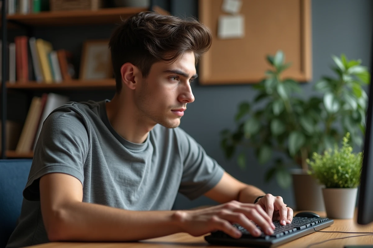 Jeune homme concentré pratiquant le clic sur ordinateur à la maison