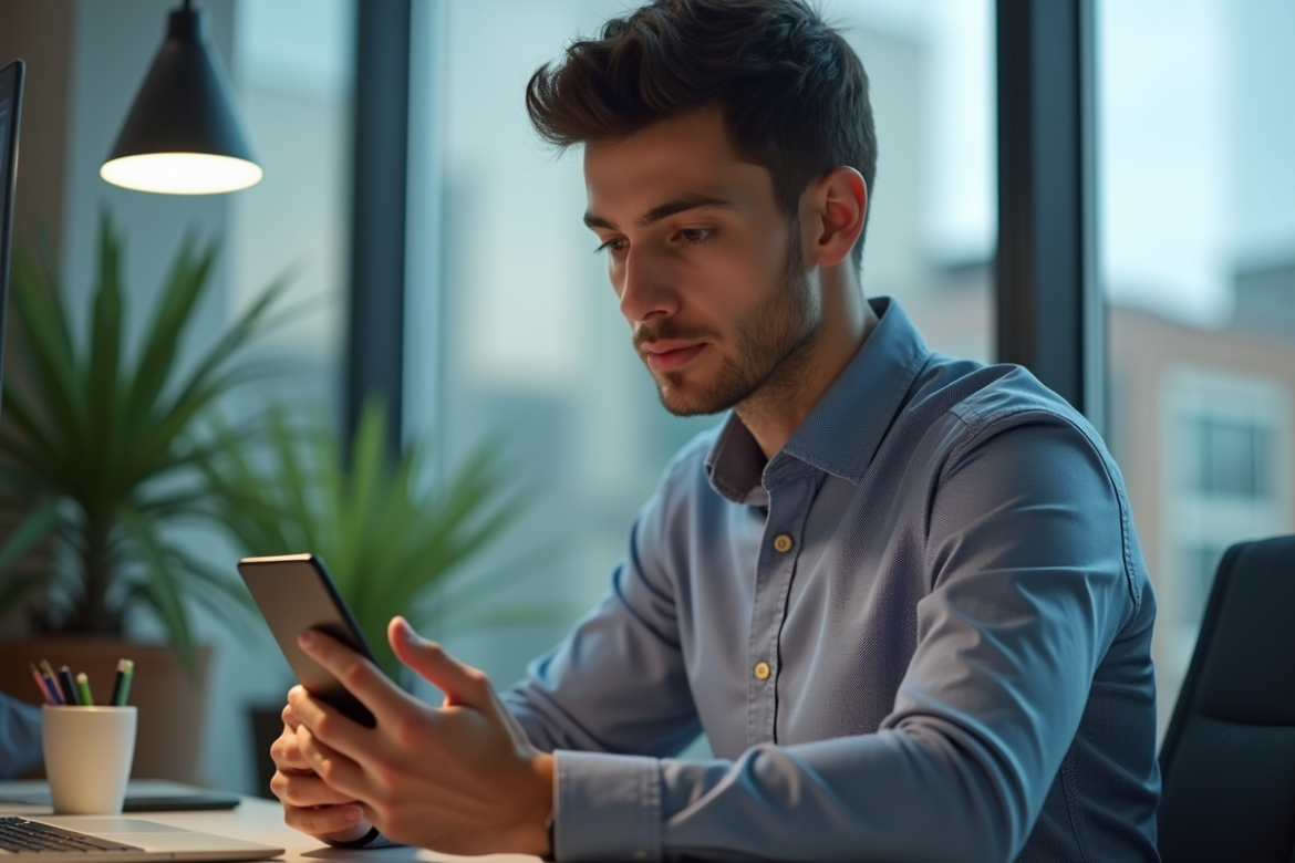 Jeune homme en bureau regardant son smartphone