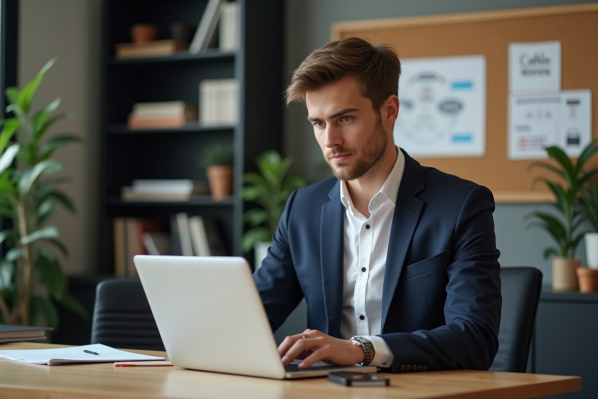 Jeune homme professionnel travaillant sur un ordinateur en open space