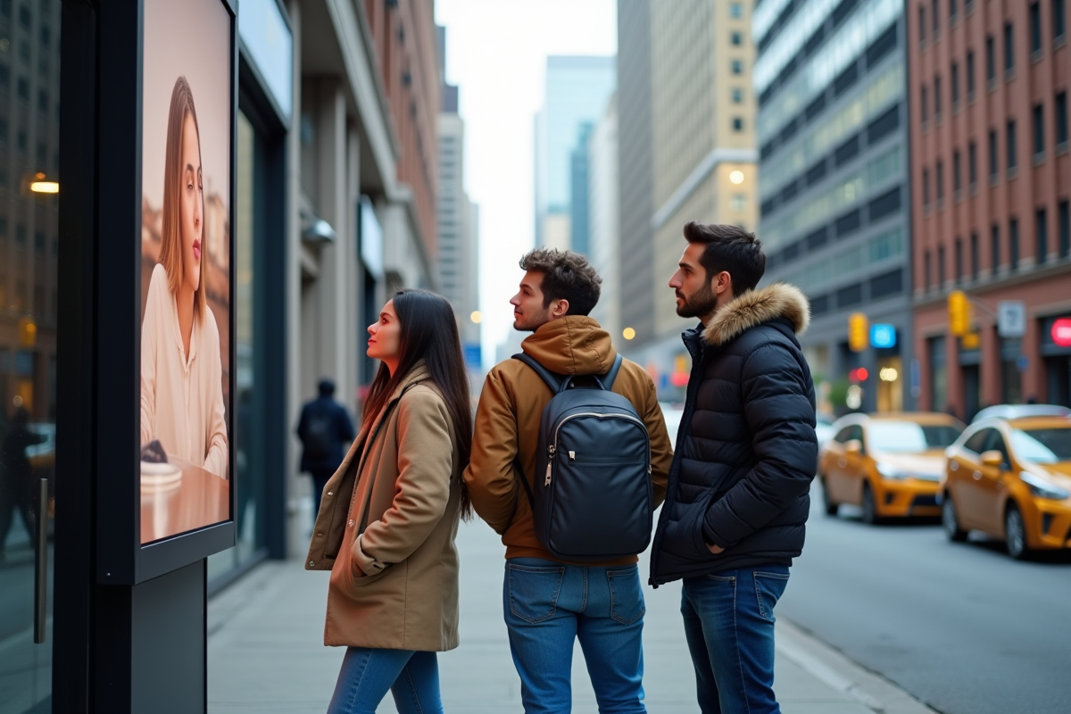 Groupe de jeunes regardant une publicité sur un panneau digital