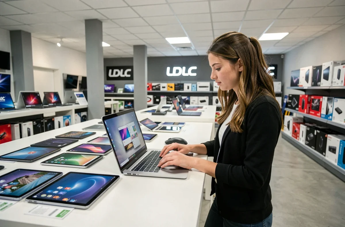 Cliente explorant des modèles de laptops dans le magasin LDLC de Nîmes